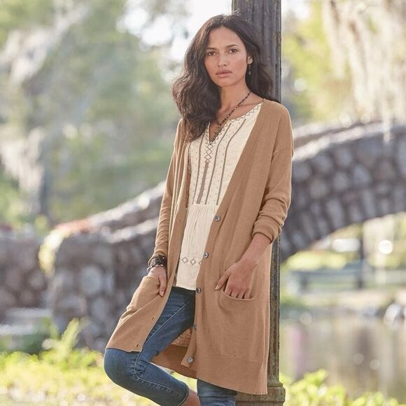 SUNDANCE- Gracie Cardigan Wool Blend Size M Tan Duster Sweater - Picture 1 of 9